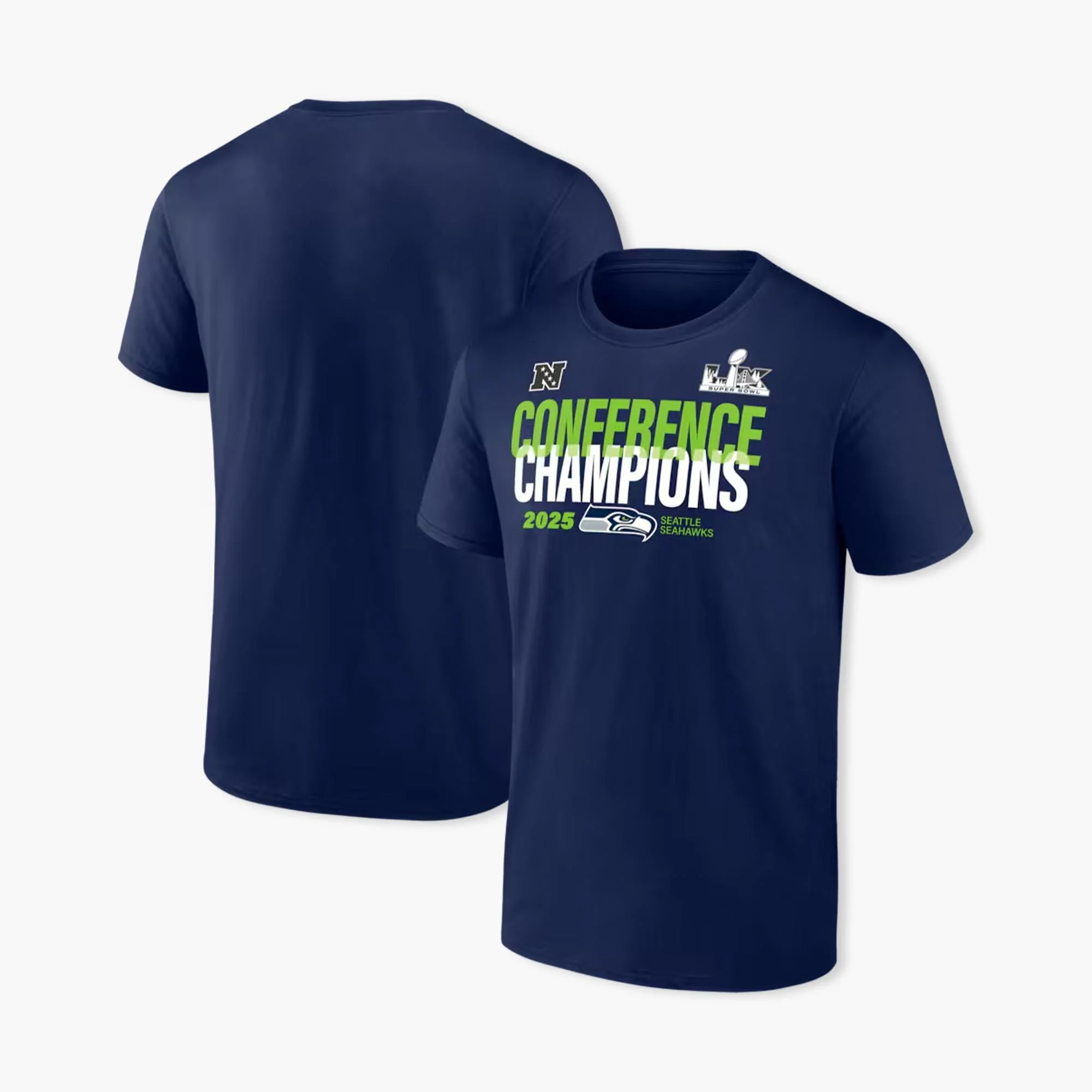 Seattle Seahawks Fanatics 2025 NFC Champions Right Side Draw T-Shirt - College Navy - Image 2