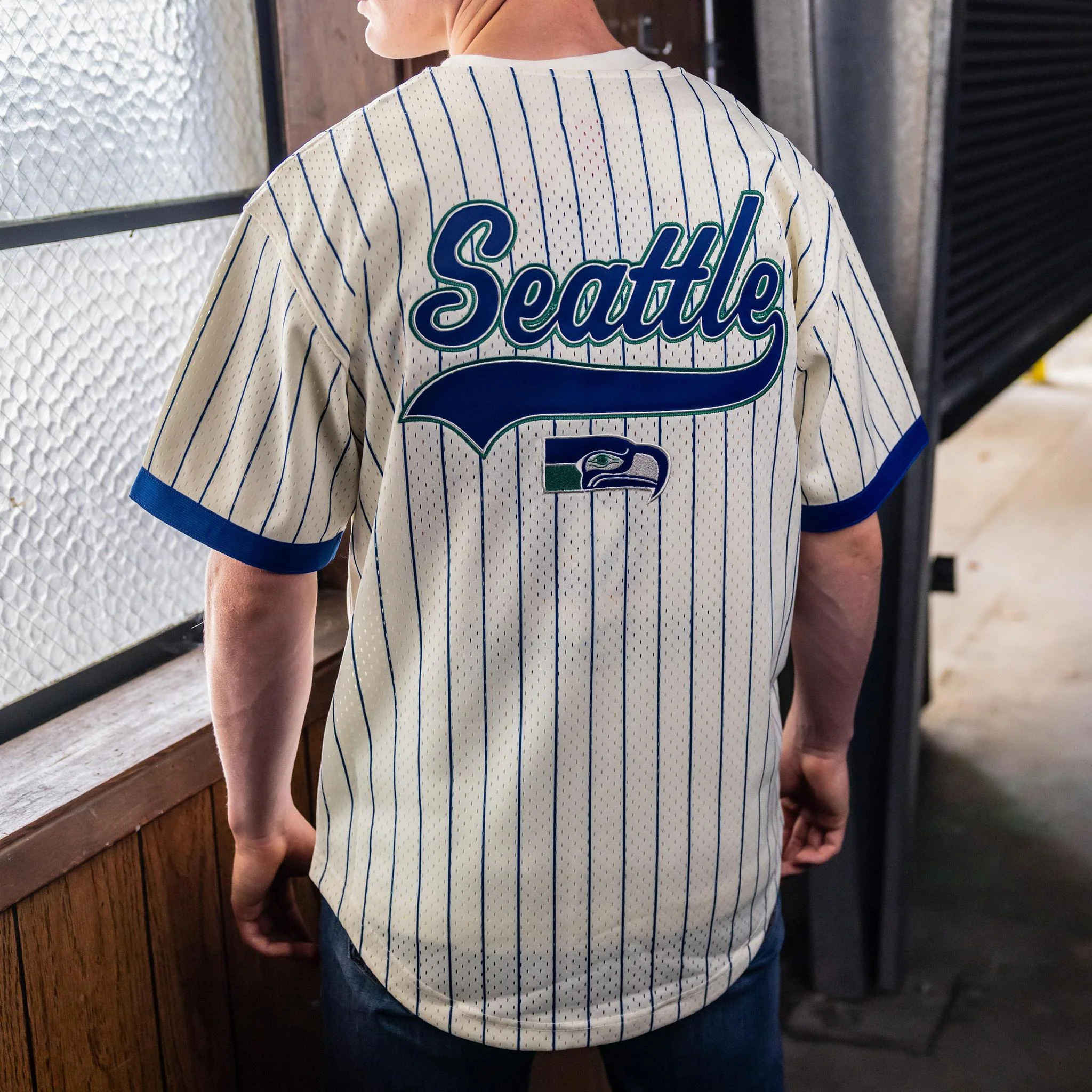 Seattle Seahawks Throwback Striped Baseball Jersey - Image 2