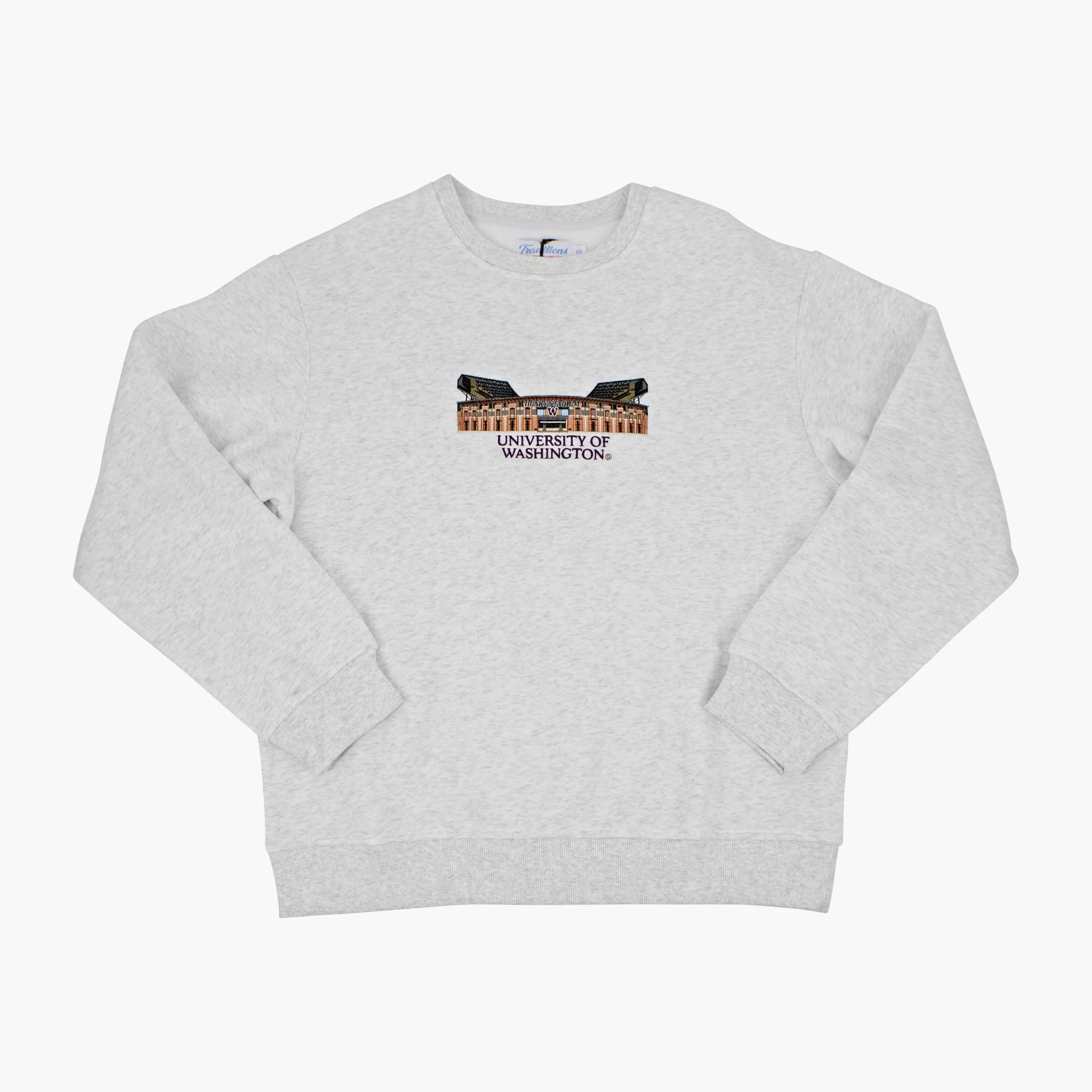 Washington Huskies Husky Stadium Ash Grey Embroidered Crewneck